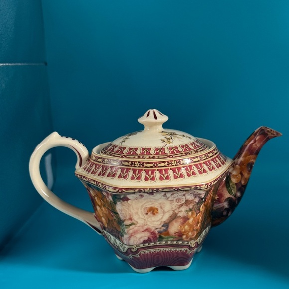 Other - Elegant Vintage Floral Teapot with Burgundy and Cream Accents